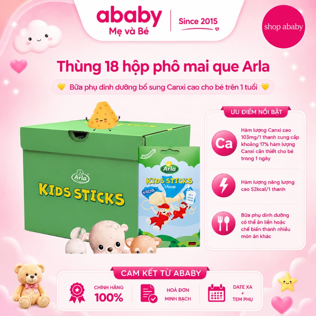 [DATE 7/2027] Thùng 18 hộp Phô mai que Arla Kids Sticks Cho Bé giàu Canxi cho bé >1 tuổi