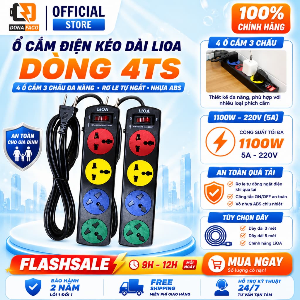 Ổ cắm điện 4 ổ 3 chấu 1 công tắc có nắp chắn Lioa cắm đa năng công suất 1100W dây dài 3M/5M