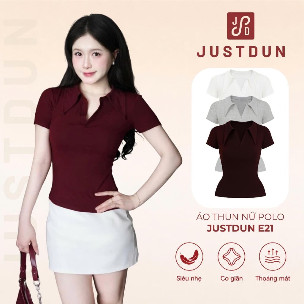 Áo Thun Nữ Polo JUSTDUN E21 – Cổ Sơ Mi Cotton Mịn Cao Cấp, Form Ôm Đẹp, Co Giãn Thoải Mái,Thanh Lịch