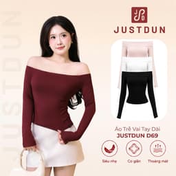Áo Trễ Vai Tay Dài Nữ JUSTDUN D69 - Ôm Body, Basic, Cotton Mềm Mịn, Tôn Dáng, Thoáng Mát, Co Giãn 1
