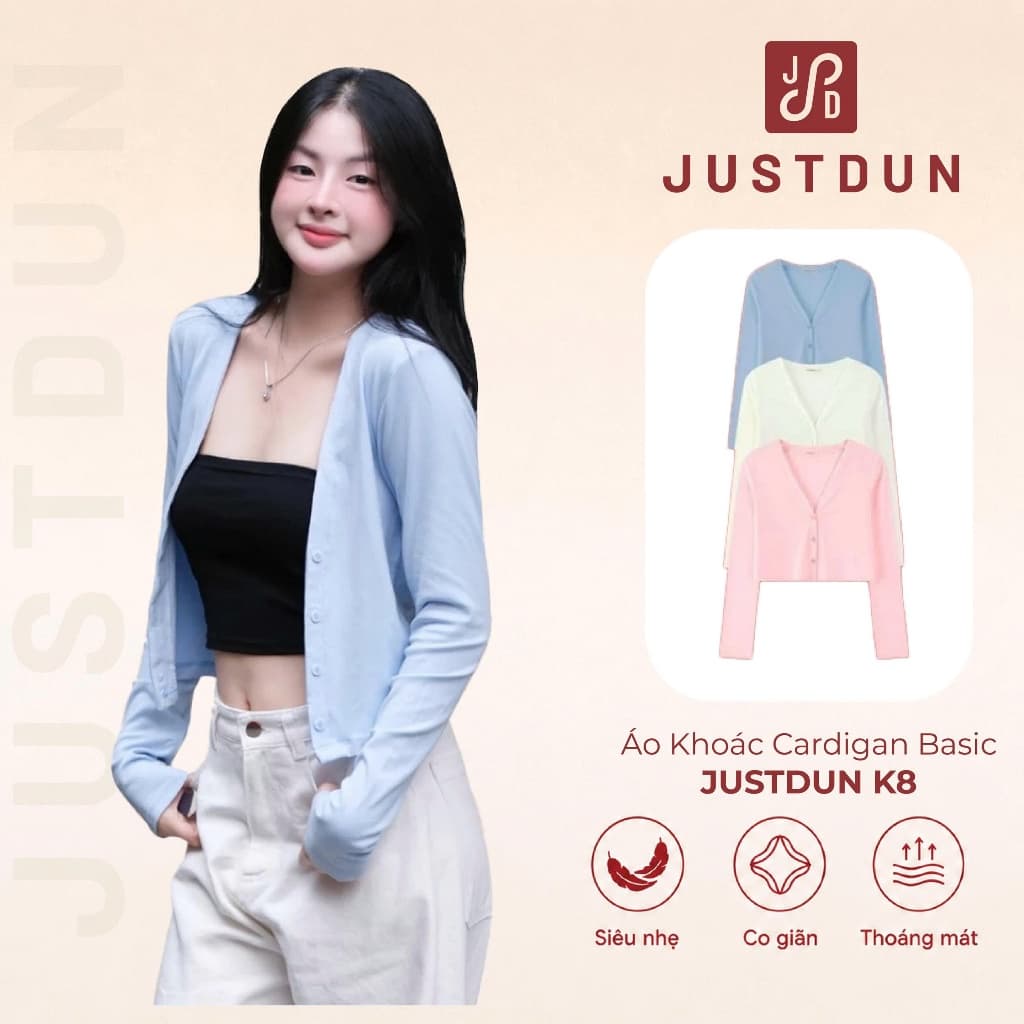 Áo Khoác Cardigan Basic Trơn Nữ JUSTDUN K8 - Dáng Rộng Ôm Vừa, Nhiều Màu, Cotton Mịn, Mềm Mại