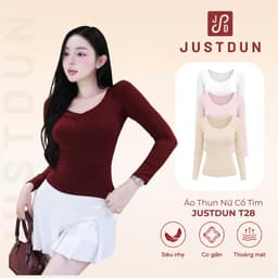 Áo Thun Nữ Cổ Tim Dài Tay JUSTDUN T28 - Ôm Body, Cotton Mềm Mại, Giữ Nhiệt, Co Giãn 4 Chiều 1