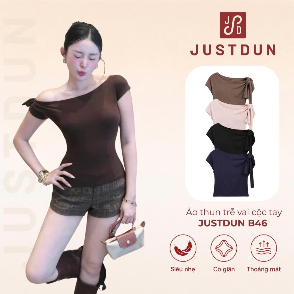 (Tặng dây) Áo thun trễ vai cộc tay ver2 cotton mịn thoáng mát JUSTDUN B46