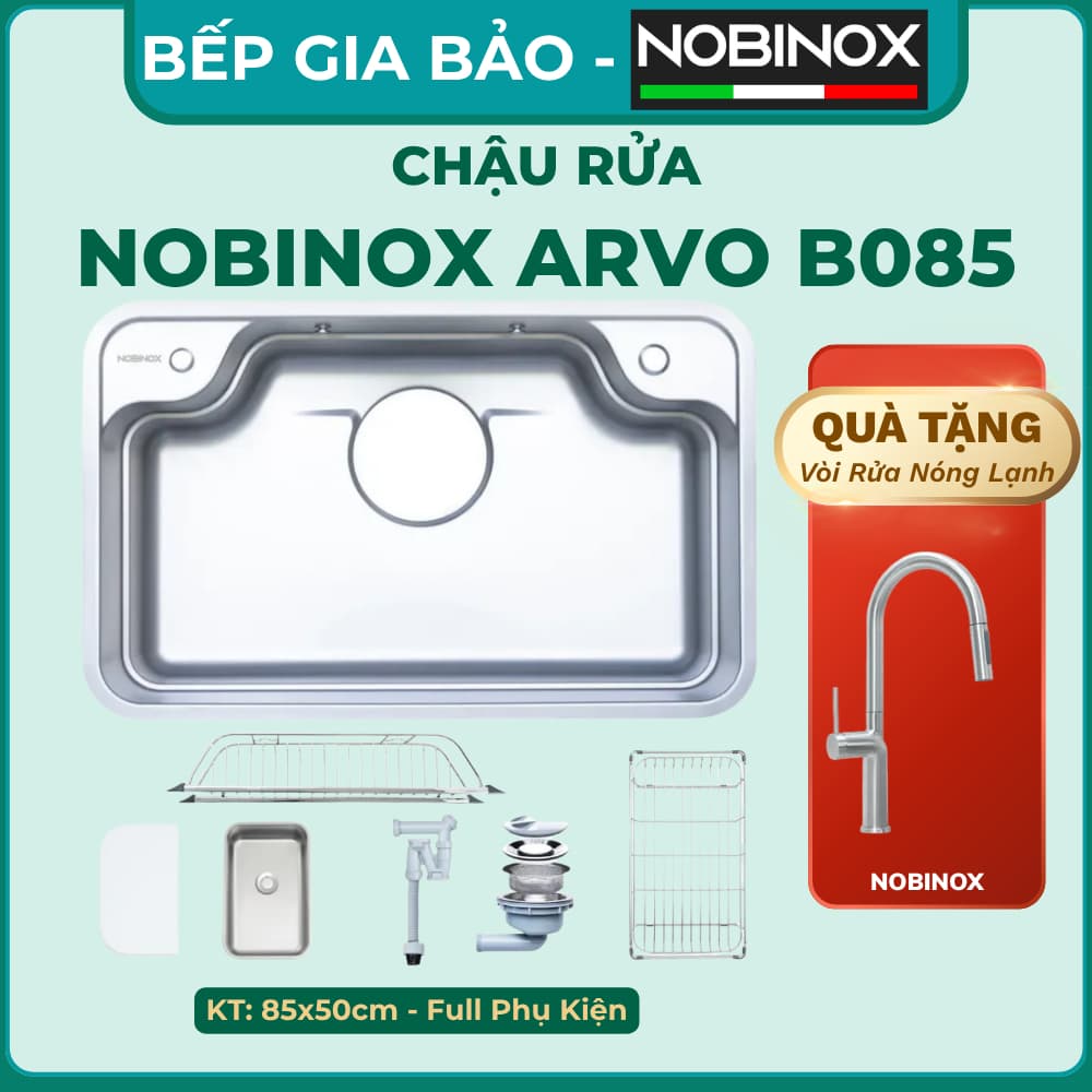 Chậu rửa 1 hố cao cấp NOBINOX ARVO B085 | Kích thước 85 X 50 CM | Hàng chính hãng