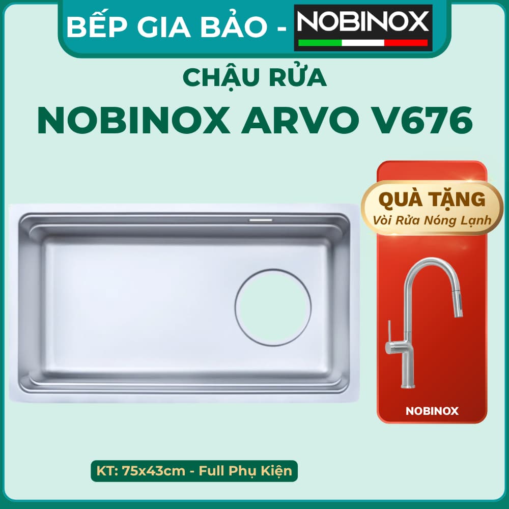 CHẬU RỬA BÁT 1 HỐ NOBINOX ARVO V676 | KÍCH THƯỚC 76 x 43CM | VÂN VẢI CHỐNG XƯỚC