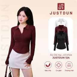 [Mở Bán] Áo Thun Nữ JUSTDUN 13A - Tay Dài, Ôm Body, Cổ Bẻ Phối Khóa Kéo, Dáng Vạt Bầu, Cotton Mịn 1