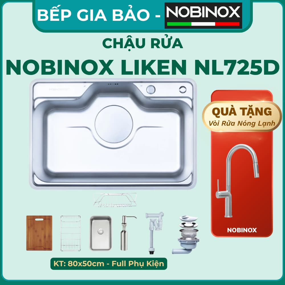 CHẬU RỬA BÁT NOBINOX LIKEN NL725D, Bảo hành 10 năm, NOBINOX LIKEN NL725D 80x50x22cm