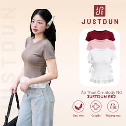 Áo Thun Ôm Body Nữ JUSTDUN E62 - Phối Vạt Bèo, Vải Cotton Mịn Êm Ái, Co Giãn Thoải Mái, Tôn Dáng 1