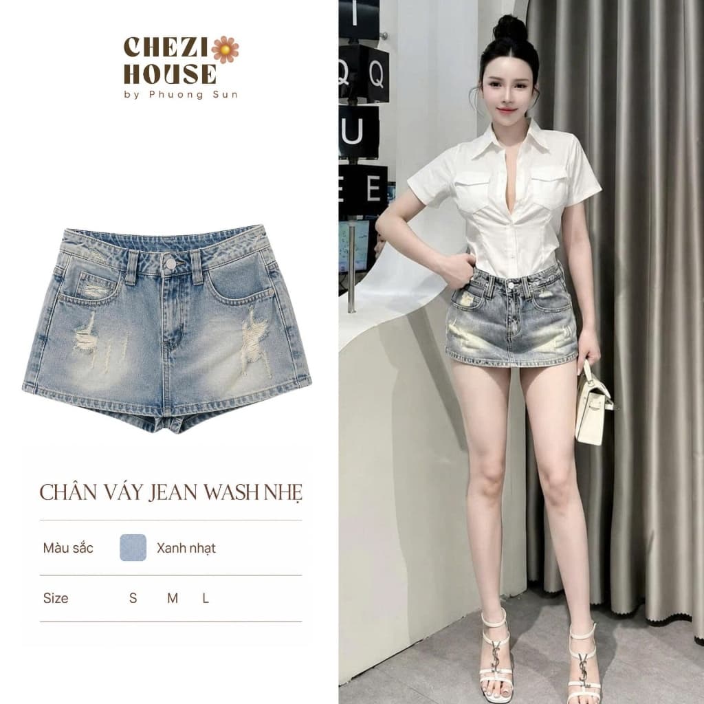 Chân Váy Jean Nữ Wash Xước Tua Rua Tôn Vòng 3 Phong Cách Y2K 8644 CHEZI HOUSE