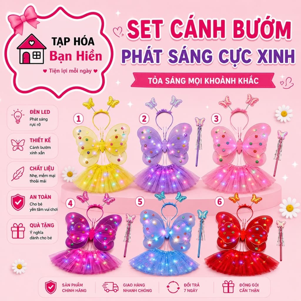 Bộ cánh tiẻn có đèn led cho bé gái kèm váy tutu+cài tóc+đũa thần hoá 