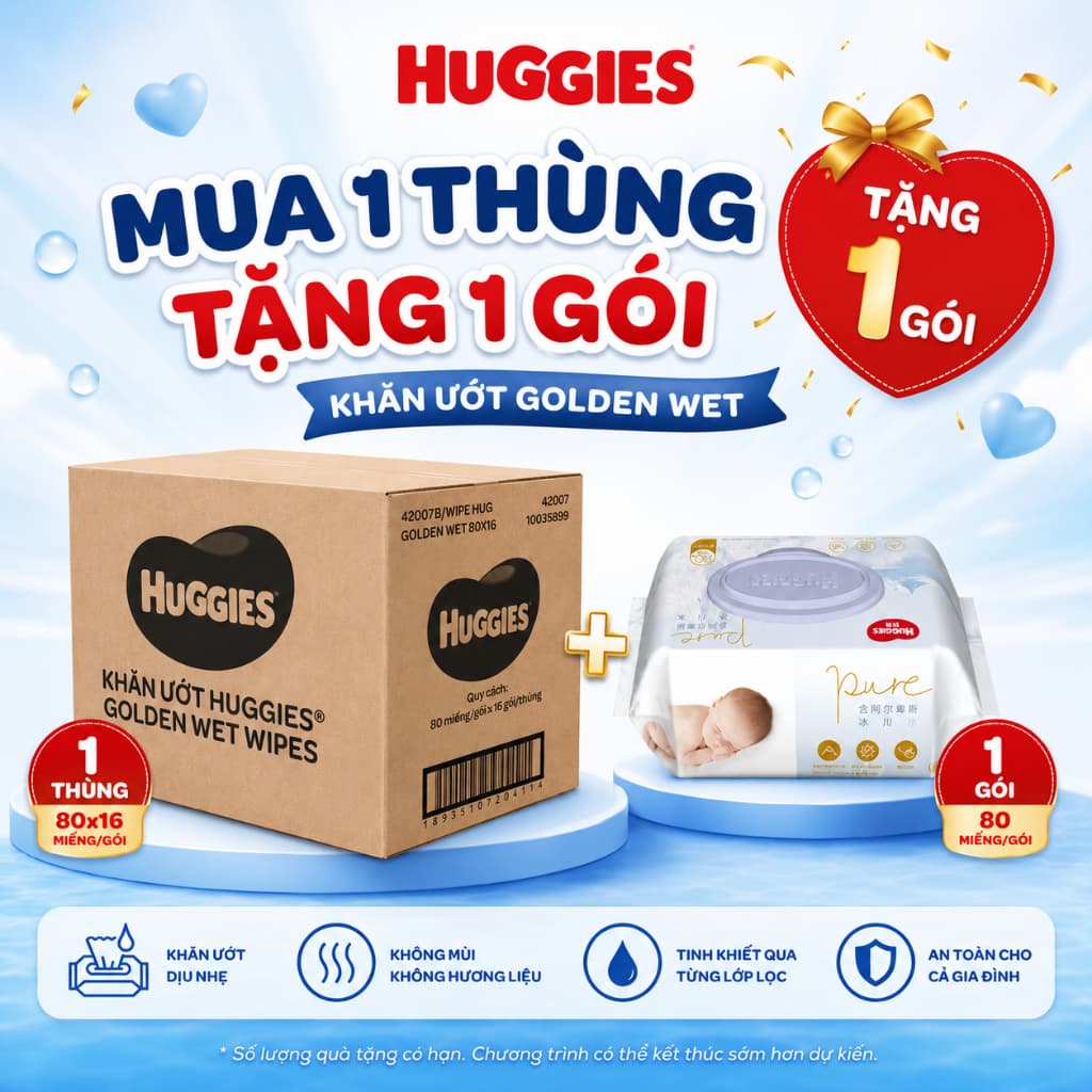 (THÙNG 16 GÓI TẶNG 1 GÓI) KHĂN ƯỚT HUGGIES GOLDEN WET WIPES 80MIẾNG