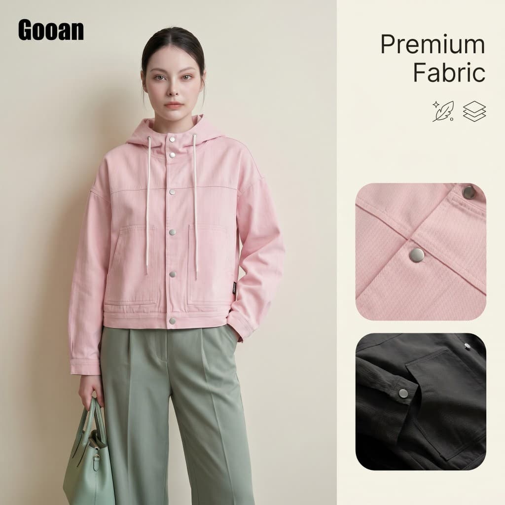 Áo Khoác Kaki Jolly Nữ Gooan - 100% Cotton, Kiểu Dáng Boxy Hàn Quốc, Có Mũ, Nhiều Màu Pastel Đẹp, Hồng, Xám, Be, Đen.