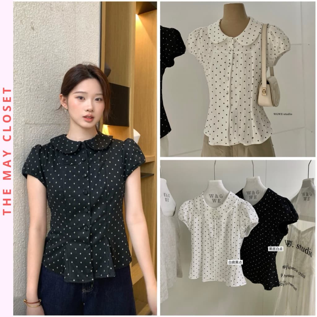 𝑨𝒏𝒏 𝑺𝒕𝒖𝒅𝒊𝒐  [SẴN] 𝐖𝐆𝐖𝐄/ Áo Sơ Mi Nữ Cổ Sen Chấm Bi WG.WE 9853 Tay Bồng Ngắn Bọc Khuy Kiểu Dáng Ôm Tiểu Thư
