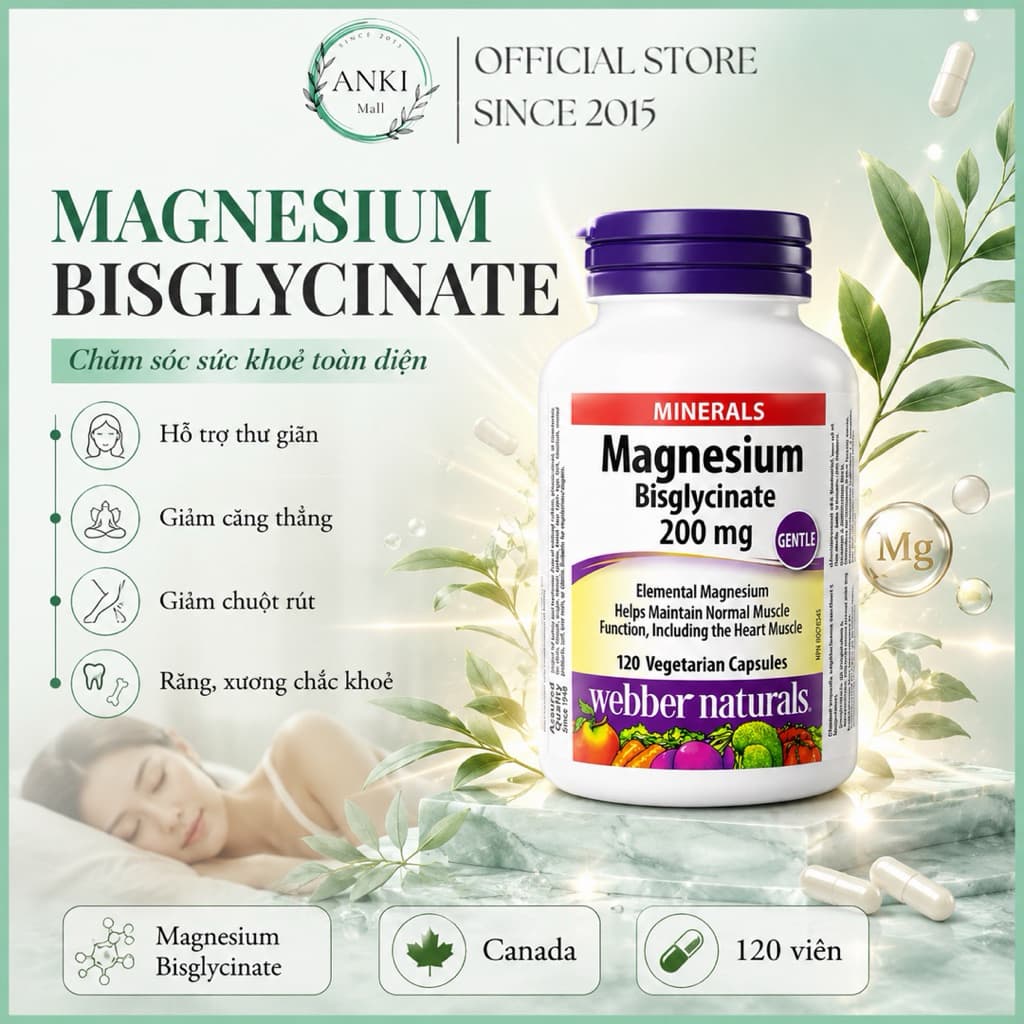 Viên Uống Magie Webber Naturals 200mg Canada Hỗ Trợ Xương Khớp Giấc Ngủ Ngon Giảm Stress - Anki Mall