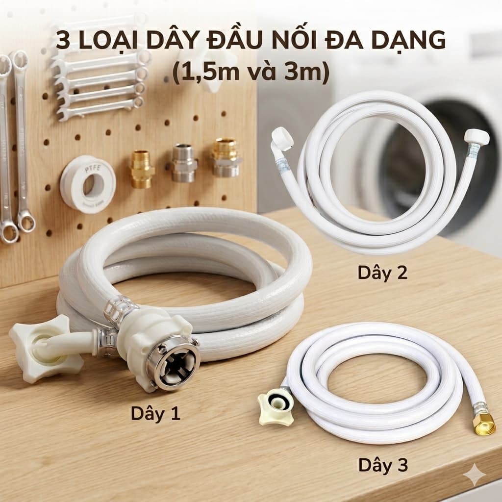 Dây cấp nước dùng cho máy giặt bằng nhựa tổng hợp, loại cứng, đường kính trong 1.7cm dài 1m5 và 3m