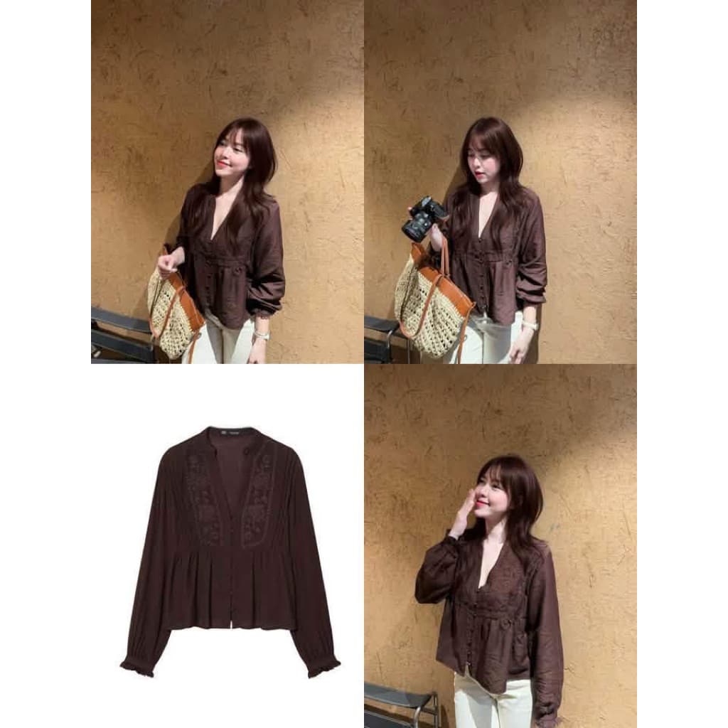 DÂU TÂY ( KÈM ẢNH THẬT ) Áo Sơ Mi Nữ Dài Tay KASLEAD Cổ V Thêu Hoa Boho Áo Kiểu Đũi Tơ Dáng Peplum Chiết Eo Nhẹ