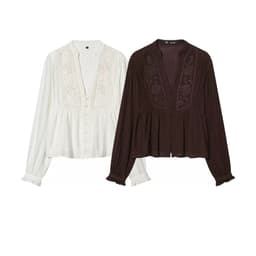 DÂU TÂY ( KÈM ẢNH THẬT ) Áo Sơ Mi Nữ Dài Tay KASLEAD Cổ V Thêu Hoa Boho Áo Kiểu Đũi Tơ Dáng Peplum Chiết Eo Nhẹ 8