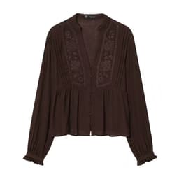 DÂU TÂY ( KÈM ẢNH THẬT ) Áo Sơ Mi Nữ Dài Tay KASLEAD Cổ V Thêu Hoa Boho Áo Kiểu Đũi Tơ Dáng Peplum Chiết Eo Nhẹ 9