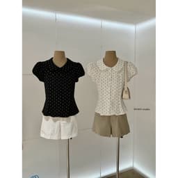 𝑨𝒏𝒏 𝑺𝒕𝒖𝒅𝒊𝒐  [SẴN] 𝐖𝐆𝐖𝐄/ Áo Sơ Mi Nữ Cổ Sen Chấm Bi WG.WE 9853 Tay Bồng Ngắn Bọc Khuy Kiểu Dáng Ôm Tiểu Thư 2