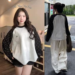 Áo Sweater Thu Đông Phối Tay Dài Hoạ Tiết Chấm Bi From Thụng Oversize Hottrend 1
