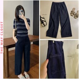 [SALE] 𝑻𝒉𝒆𝑴𝒂𝒚 x 𝐖𝐆𝐖𝐄/ Quần Jean Suông Nấm 92cm WG.WE 9930, Quần Jean Nữ Ống Suông Mềm Lưng Cao Phối Chỉ Nổi 1