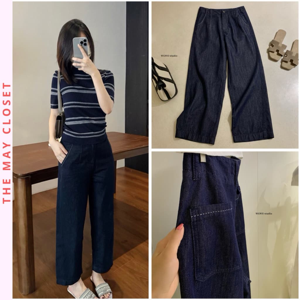 [SALE] 𝑻𝒉𝒆𝑴𝒂𝒚 x 𝐖𝐆𝐖𝐄/ Quần Jean Suông Nấm 92cm WG.WE 9930, Quần Jean Nữ Ống Suông Mềm Lưng Cao Phối Chỉ Nổi