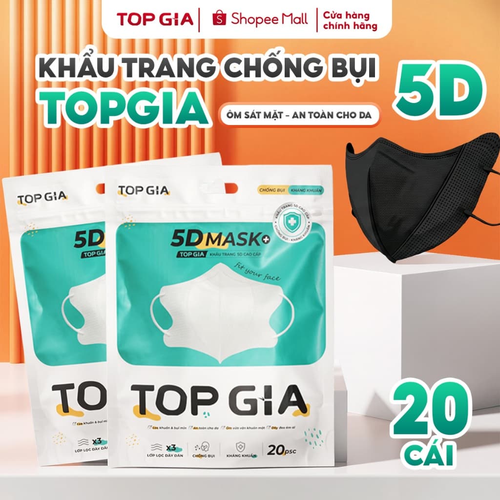 (QUÀ TẶNG) Khẩu trang 5D cải tiến TopGia túi 20 cái an toàn, 3 lớp vải không dệt cao cấp màu đen