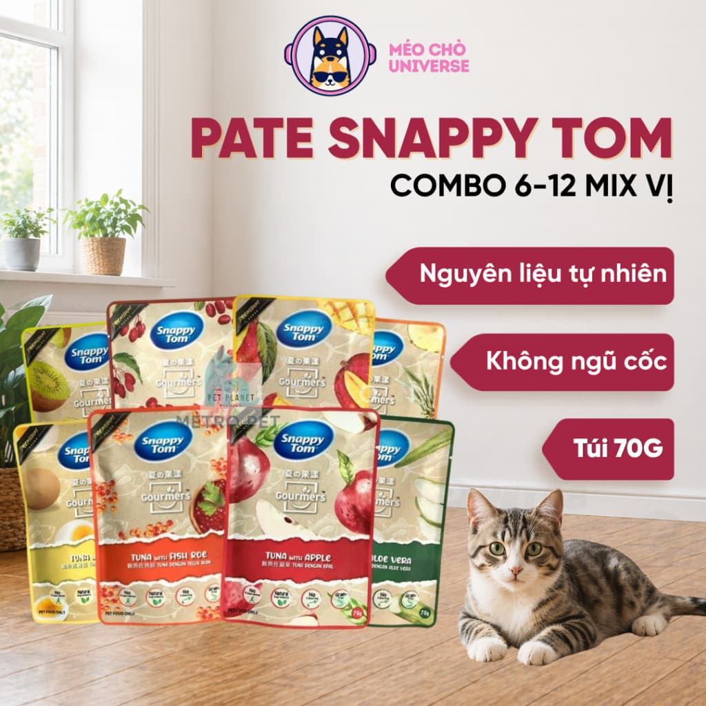 COMBO TIẾT KIỆM 12 GÓI Pate Snappy Tom 70g MIX VỊ giúp mèo phát triển toàn diện-Méo chò Uni