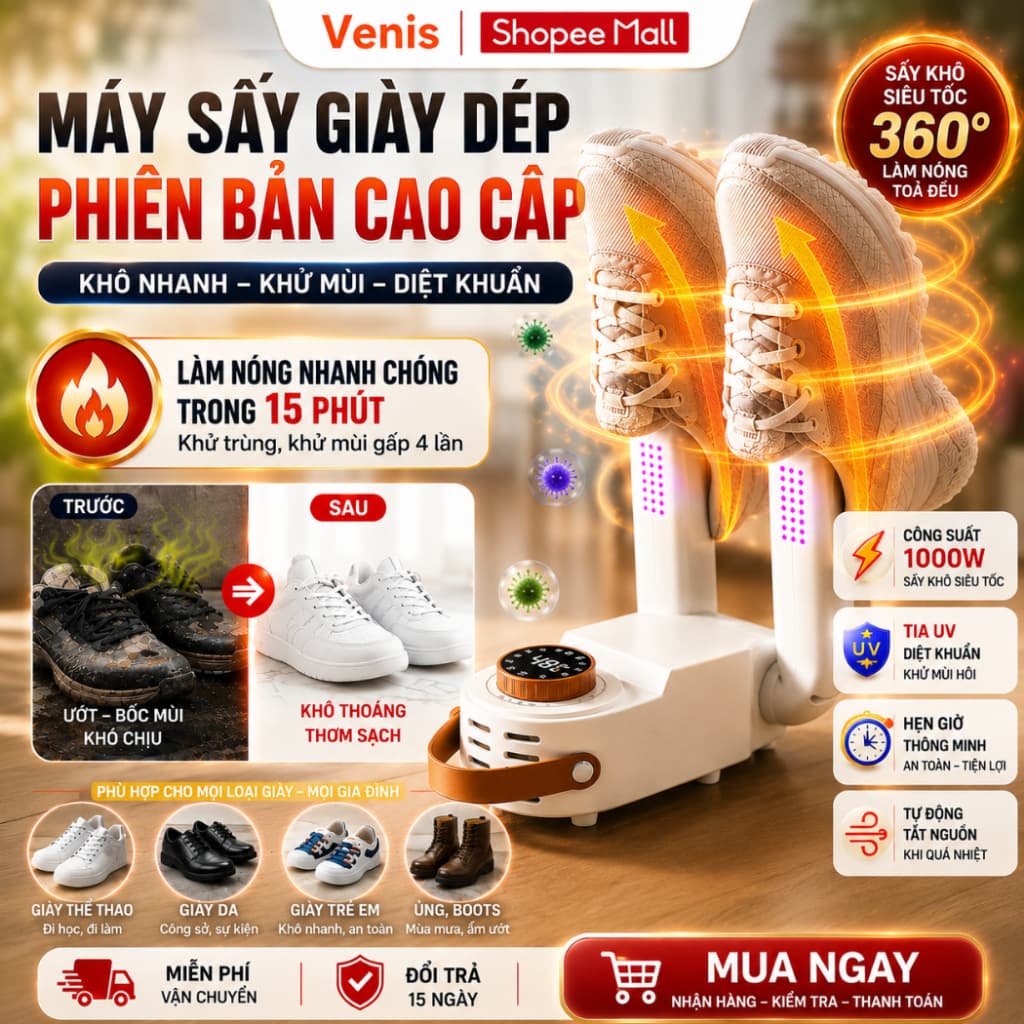Máy Sấy Giày Gập Gọn Thông Minh, Sấy Nhanh Ổn Định Nhiệt, Khử Mùi Diệt Khuẩn UV