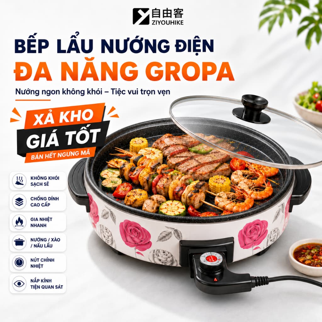 Bếp nướng điện không khói mặt phủ đá hoa cương chống dính đa năng xào nấu công suất lớn bảo hành 12T vỏ xấu ạ