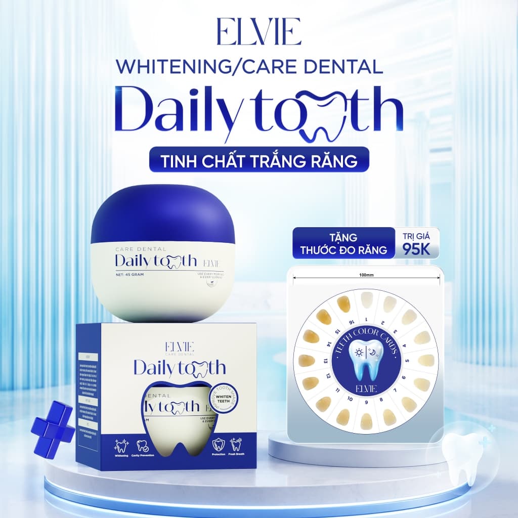 Tinh Chất Trắng Răng Daily Tooth Elvie (45g) - Tặng thước đo răng, hỗ trợ khử vàng, làm trắng răng, hơi thở thơm mát
