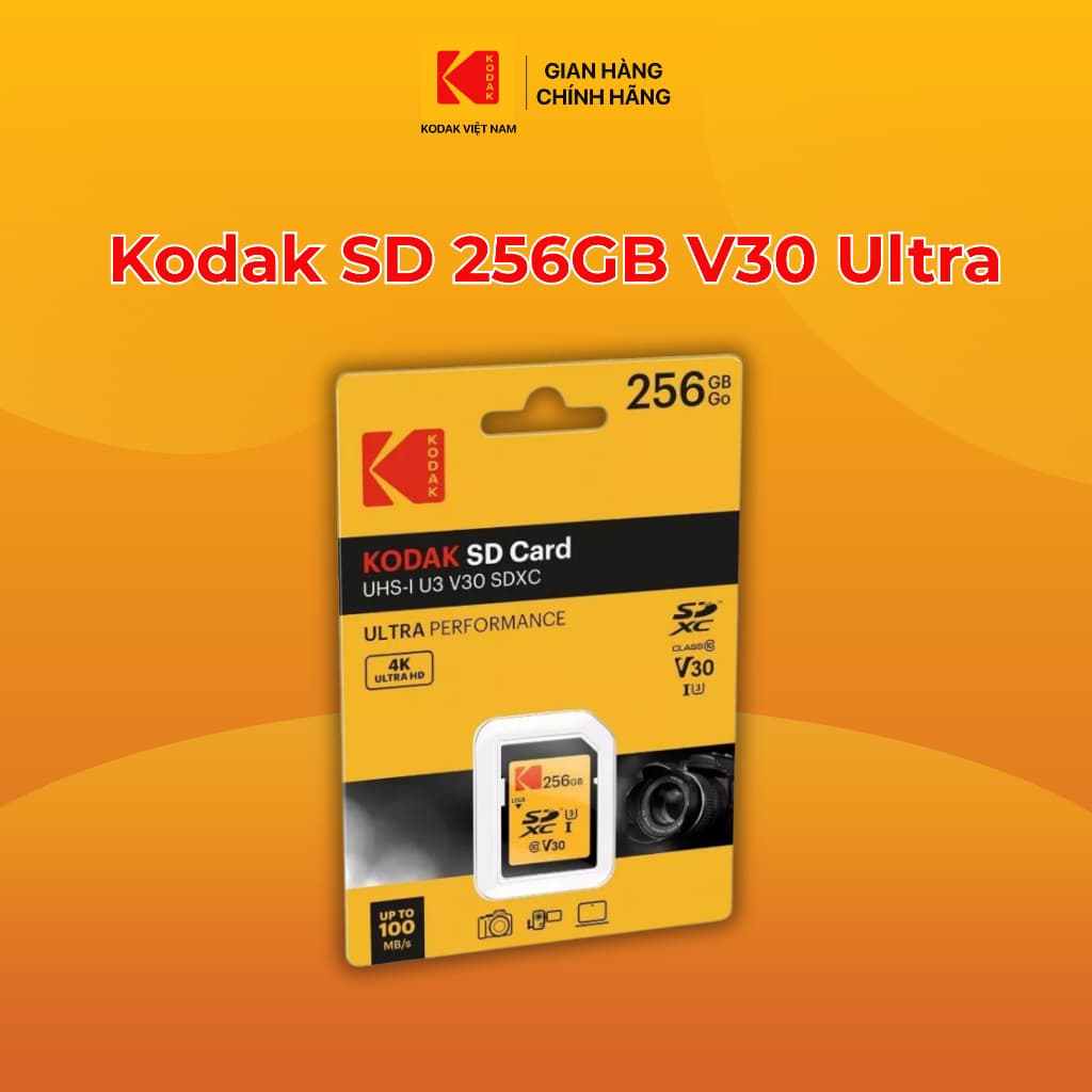Thẻ Nhớ Kodak SD 256GB UHS-I U3 V30 Ultra, Tốc Độ Đọc 95MB/s, Lưu trữ video 4K Ultra HD