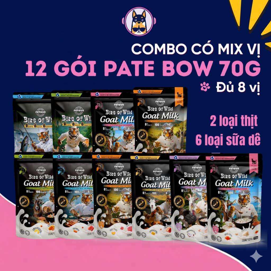 [COMBO 6 -12 GÓI MIX VỊ] Pate Bite of Wild GÓI 70G Công Thức Sữa Dê, Nguồn Đạm Tự Nhiên MÉO CHÒ UNI