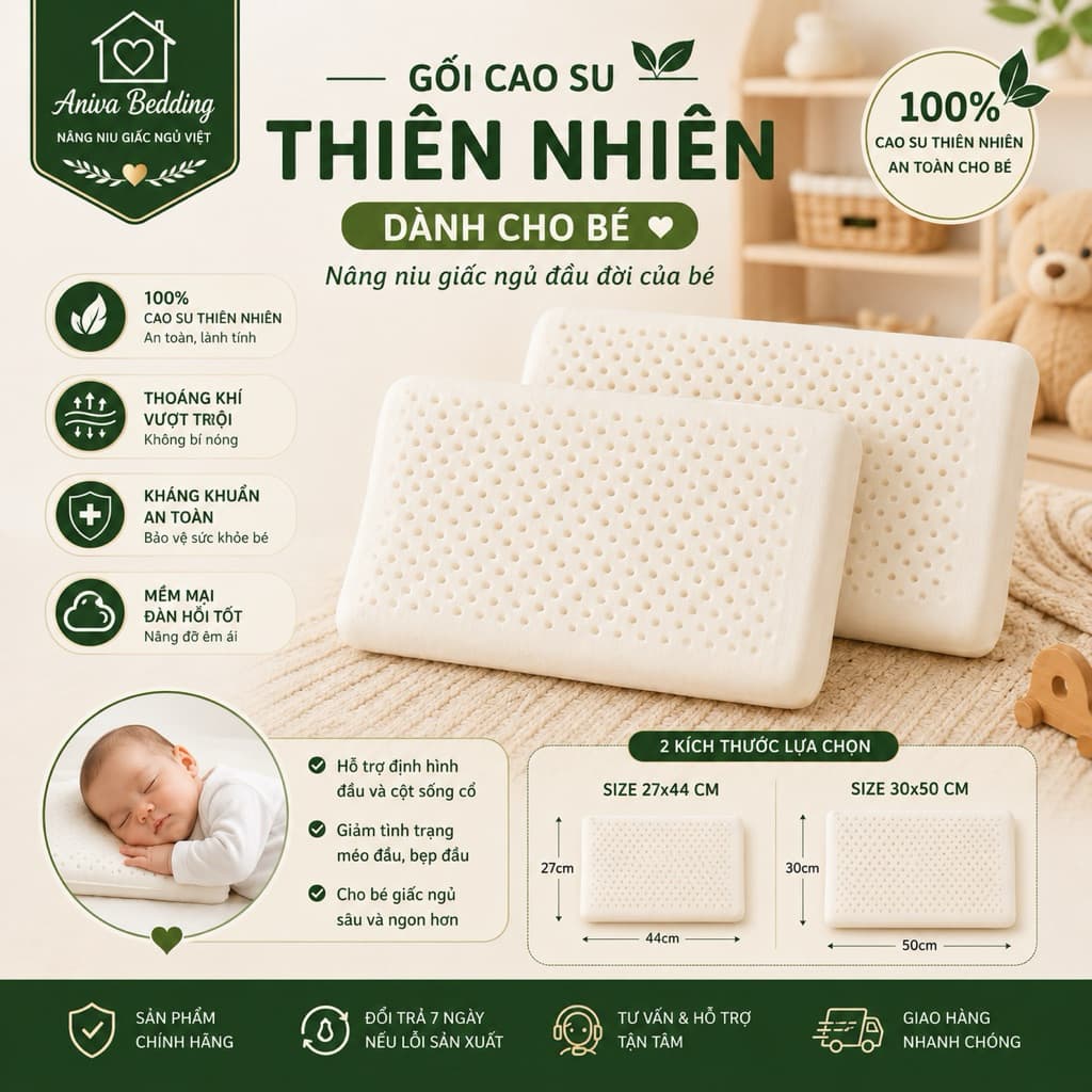 Gối Cao Su Thiên Nhiên Em Bé Aniva Bedding 27x44cm, 30x50cm - Thoáng Khí, Kháng Khuẩn, Êm Ái