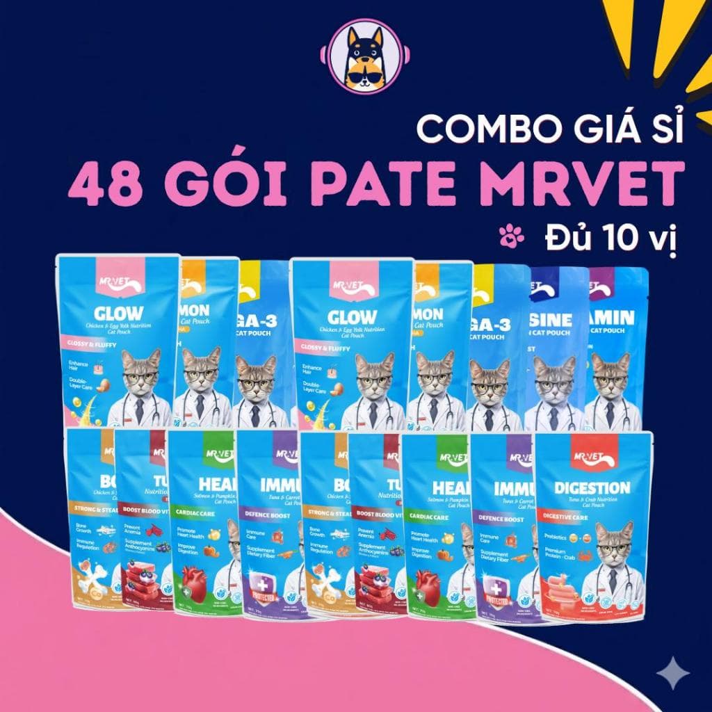 Pate Cho Mèo MR.VET Combo TIẾT KIỆM 48 Gói 70G 51% Thịt, Bổ Sung Protein,Taurine - MÉO CHÒ UNI