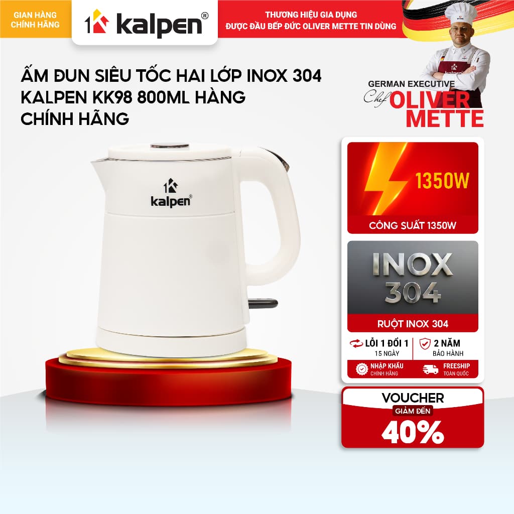 Ấm đun siêu tốc hai lớp Inox 304 KALPEN KK98 800ml hàng chính hãng