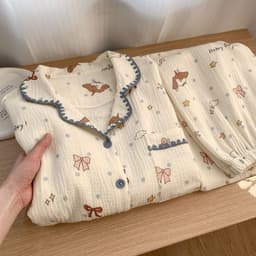DÂU TÂY ( CÓ SẴN ) Bộ Pijama Nữ Dài Tay Vải Đũi Đồ Bộ Mặc Nhà Đồ Ngủ Cotton Muslin Họa Tiết Hoa Nhí Viền Răng Cưa 5