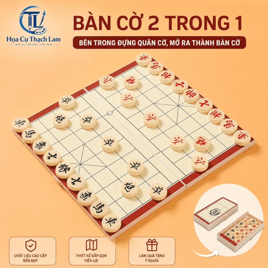 [Tặng bảng ghi điểm] Bộ Cờ Tướng Gỗ Gấp Gọn 2 Trong 1, Quân Cờ Gỗ Tròn, Bàn Cờ Tiện Lợi Dễ Mang 