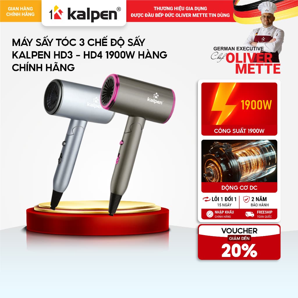 Máy sấy tóc 3 chế độ sấy Kalpen HD3-HD4 1900W hàng chính hãng
