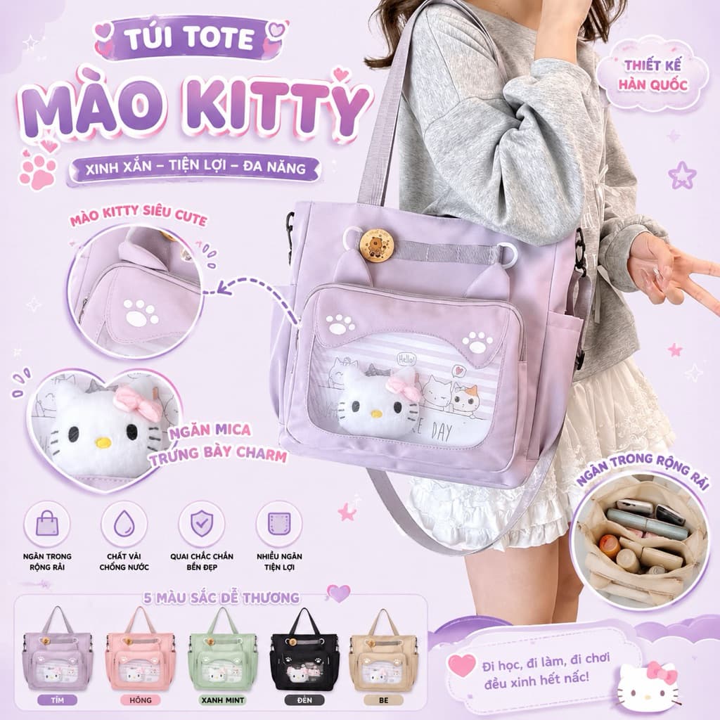 Túi tote đeo vai nữ phong cách Hàn Quốc – Ngăn trong rộng, kèm ngăn mica trưng bày charm siêu xinh