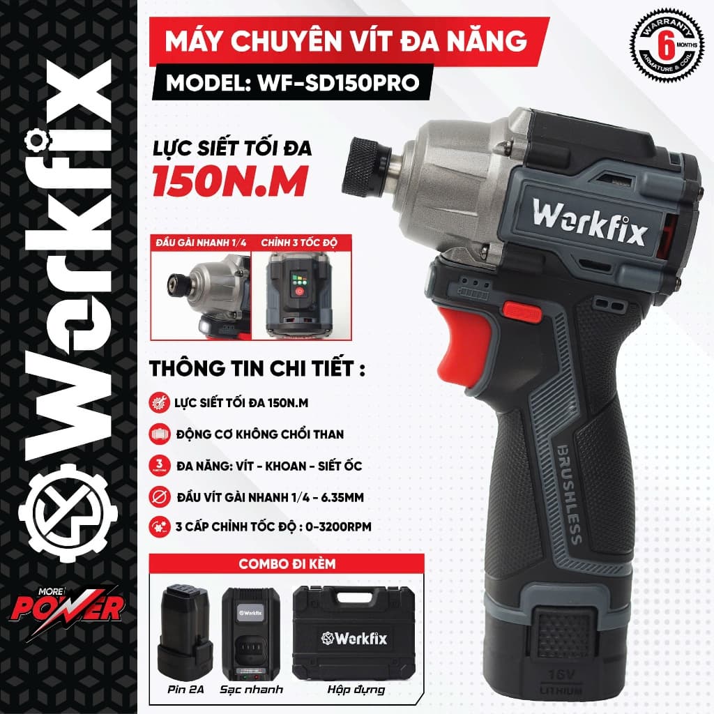 Máy chuyên vít có búa WORKFIX WF-SD150PRO, Lực siết 150Nm, 3 Tốc độ, Đầu ngậm vít nhanh