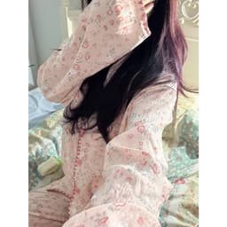 DÂU TÂY ( CÓ SẴN ) Bộ Pijama Nữ Dài Tay Vải Đũi Đồ Bộ Mặc Nhà Đồ Ngủ Cotton Muslin Họa Tiết Hoa Nhí Viền Răng Cưa 7