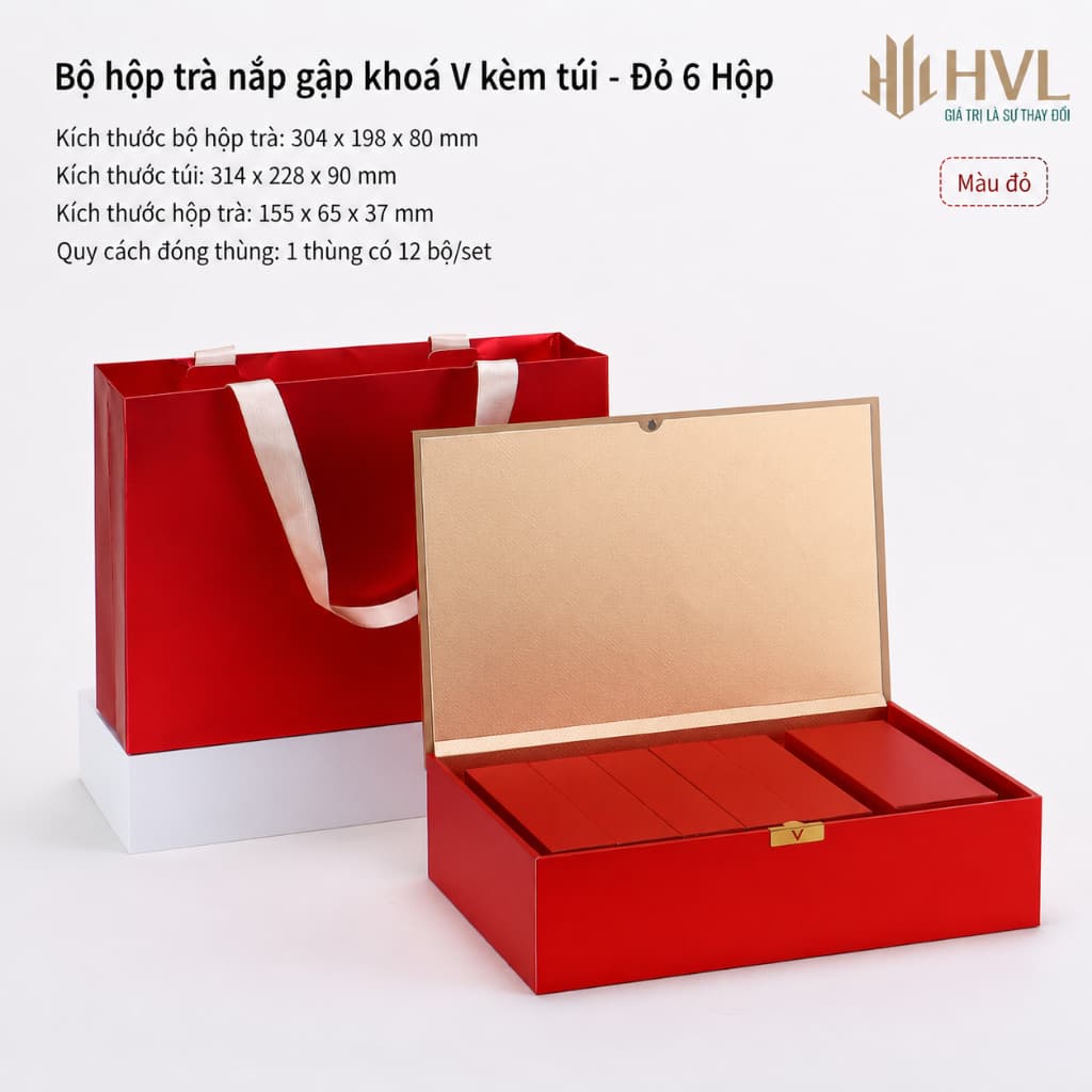 Bộ hộp trà nắp gập khoá V kèm túi cao cấp-HVL
