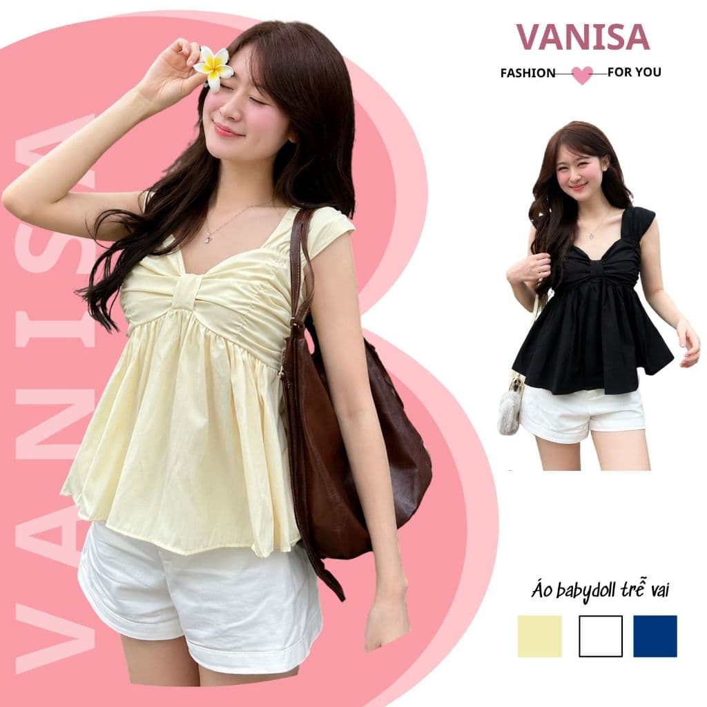 Áo Babydoll Nữ Tay Bồng Trễ Vai Phối Nơ Ngực Chất voan  Trắng  kem Xanh Than Đen VANISA SMEMXINH
