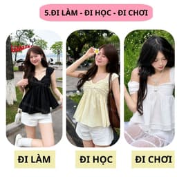 Áo Babydoll Nữ Tay Bồng Trễ Vai Phối Nơ Ngực Chất voan  Trắng  kem Xanh Than Đen VANISA SMEMXINH 6