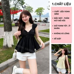 Áo Babydoll Nữ Tay Bồng Trễ Vai Phối Nơ Ngực Chất voan  Trắng  kem Xanh Than Đen VANISA SMEMXINH 2