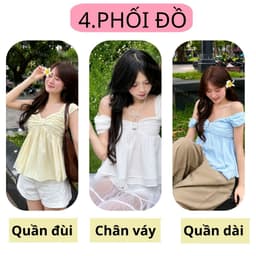 Áo Babydoll Nữ Tay Bồng Trễ Vai Phối Nơ Ngực Chất voan  Trắng  kem Xanh Than Đen VANISA SMEMXINH 5