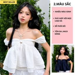 Áo Babydoll Nữ Tay Bồng Trễ Vai Phối Nơ Ngực Chất voan  Trắng  kem Xanh Than Đen VANISA SMEMXINH 3