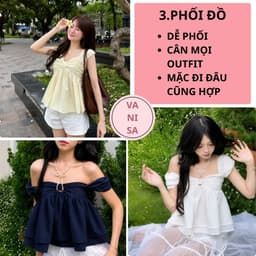 Áo Babydoll Nữ Tay Bồng Trễ Vai Phối Nơ Ngực Chất voan  Trắng  kem Xanh Than Đen VANISA SMEMXINH 4