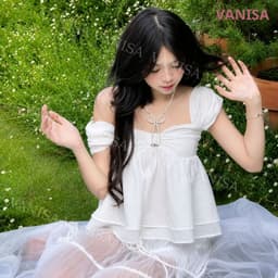 Áo Babydoll Nữ Tay Bồng Trễ Vai Phối Nơ Ngực Chất voan  Trắng  kem Xanh Than Đen VANISA SMEMXINH 8